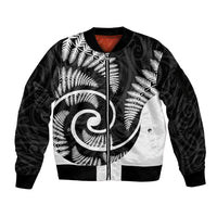 New Zealand Sleeve Zip Bomber Jacket Maori With Silver Fern White LT6 - Wonder Print Shop