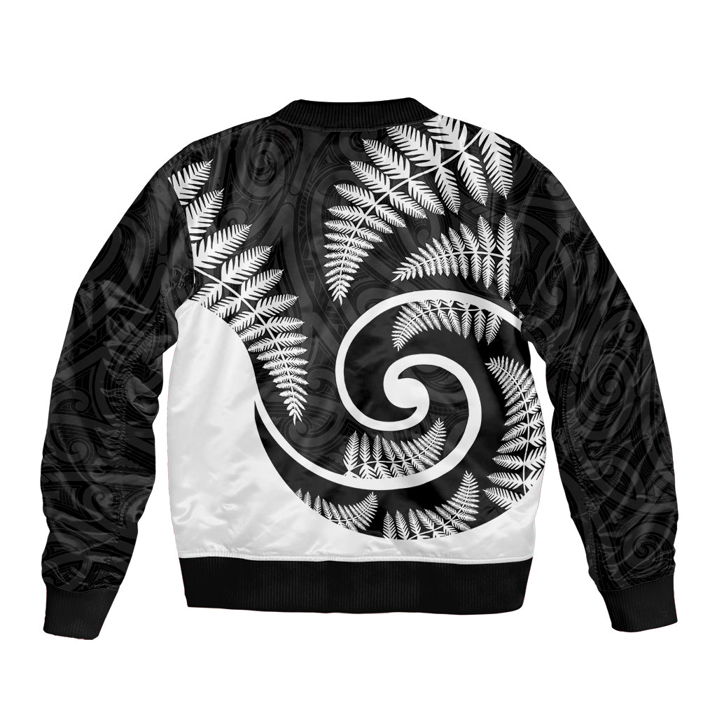 New Zealand Sleeve Zip Bomber Jacket Maori With Silver Fern White LT6 - Wonder Print Shop
