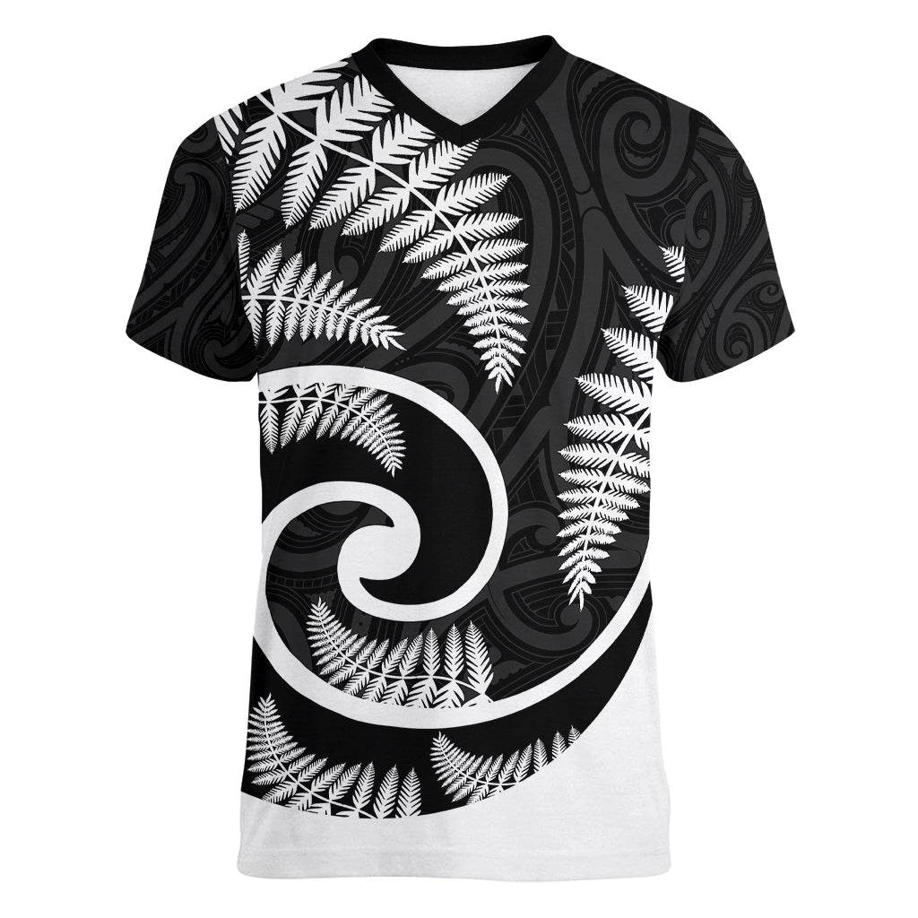 New Zealand Women V Neck T Shirt Maori With Silver Fern White LT6 - Wonder Print Shop