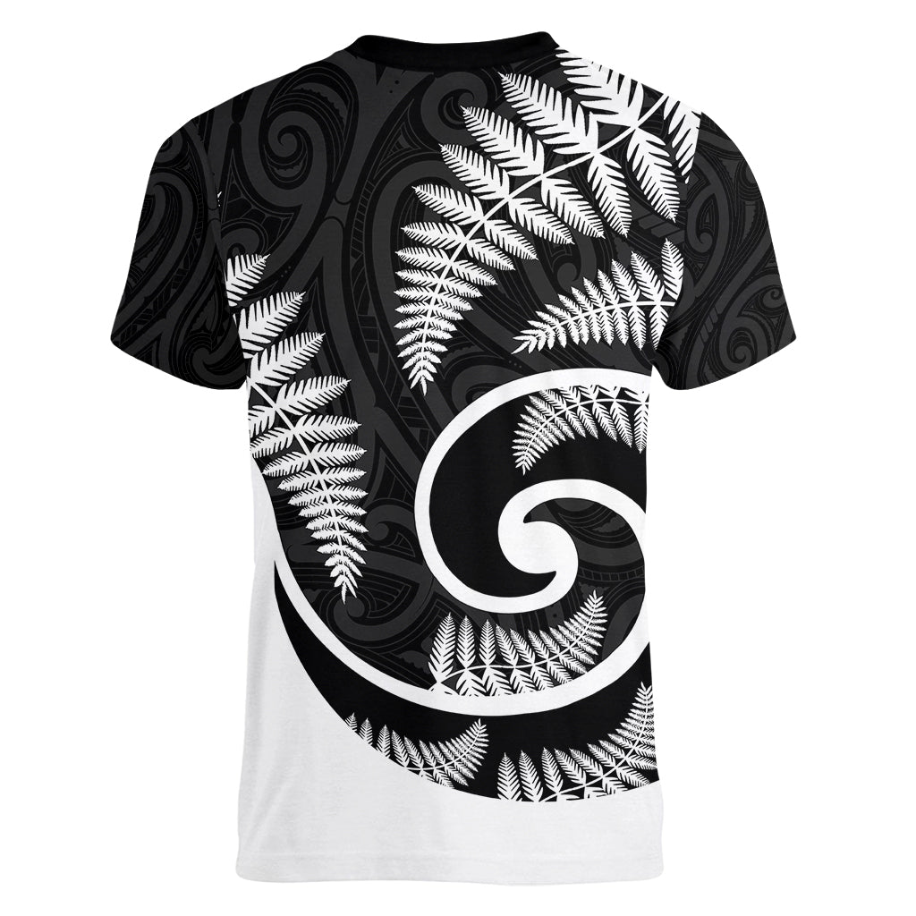 New Zealand Women V Neck T Shirt Maori With Silver Fern White LT6 - Wonder Print Shop