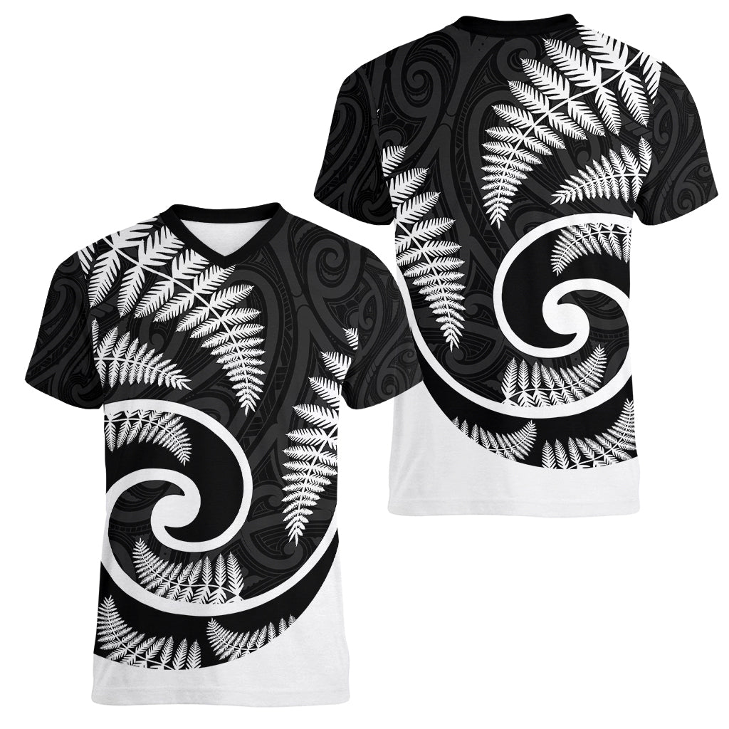 New Zealand Women V Neck T Shirt Maori With Silver Fern White LT6 - Wonder Print Shop