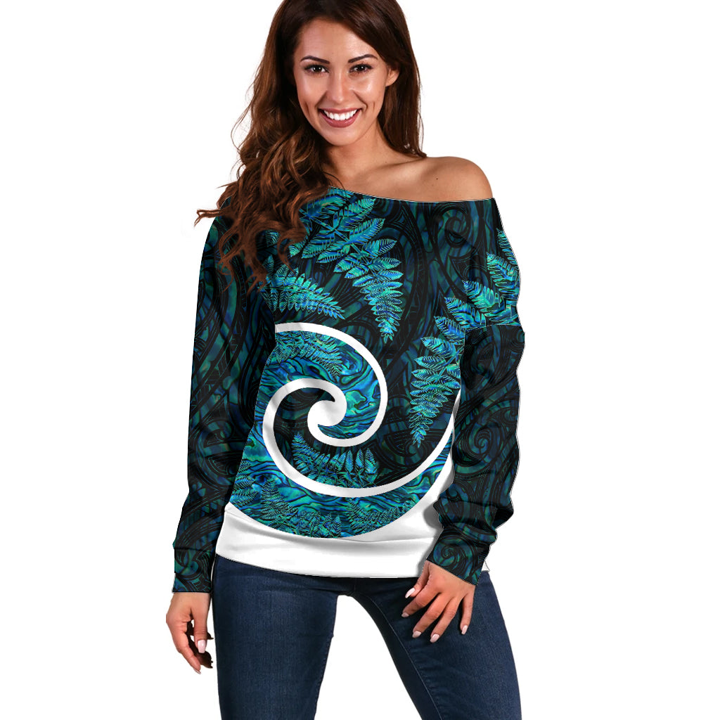New Zealand Off Shoulder Sweater Maori With Silver Fern Papua Shell Green Ver.1 LT6 - Wonder Print Shop