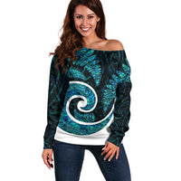 New Zealand Off Shoulder Sweater Maori With Silver Fern Papua Shell Green Ver.1 LT6 - Wonder Print Shop