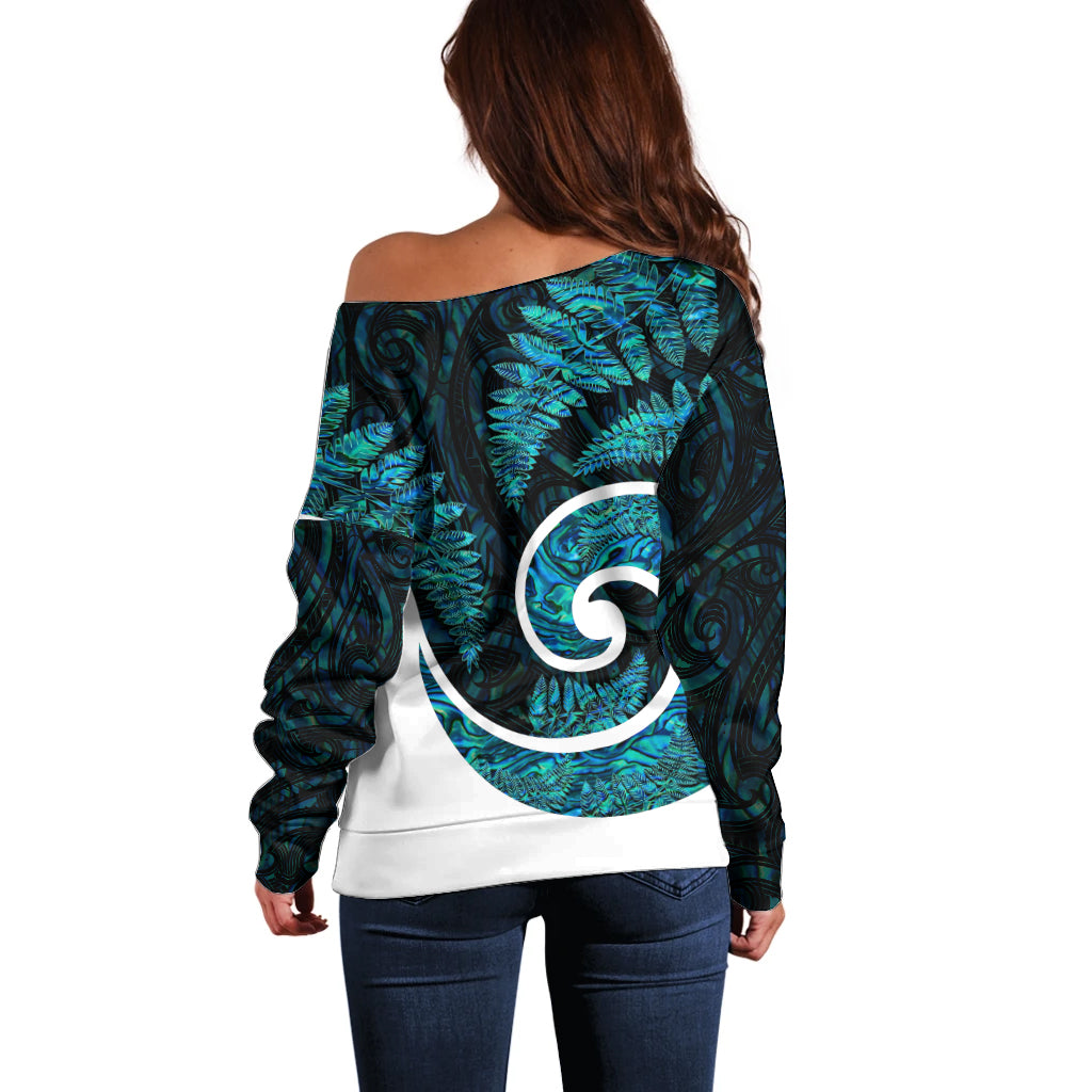 New Zealand Off Shoulder Sweater Maori With Silver Fern Papua Shell Green Ver.1 LT6 - Wonder Print Shop