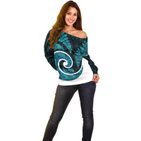 New Zealand Off Shoulder Sweater Maori With Silver Fern Papua Shell Green Ver.1 LT6 - Wonder Print Shop