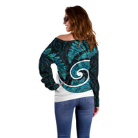 New Zealand Off Shoulder Sweater Maori With Silver Fern Papua Shell Green Ver.1 LT6 - Wonder Print Shop