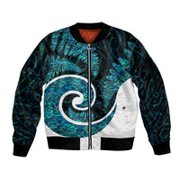 New Zealand Sleeve Zip Bomber Jacket Maori With Silver Fern Papua Shell Green Ver.1 LT6 - Wonder Print Shop
