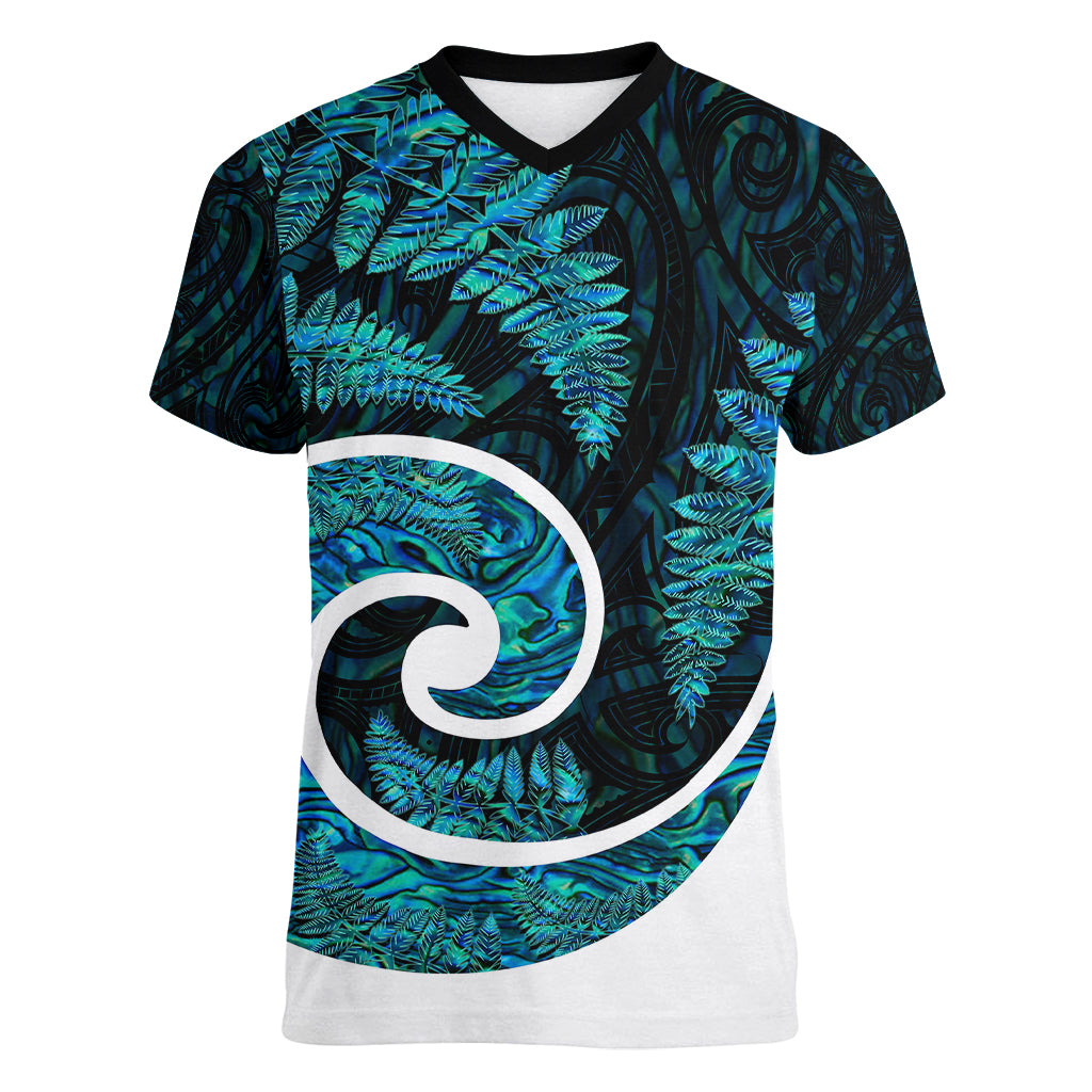 New Zealand Women V Neck T Shirt Maori With Silver Fern Papua Shell Green Ver.1 LT6 - Wonder Print Shop