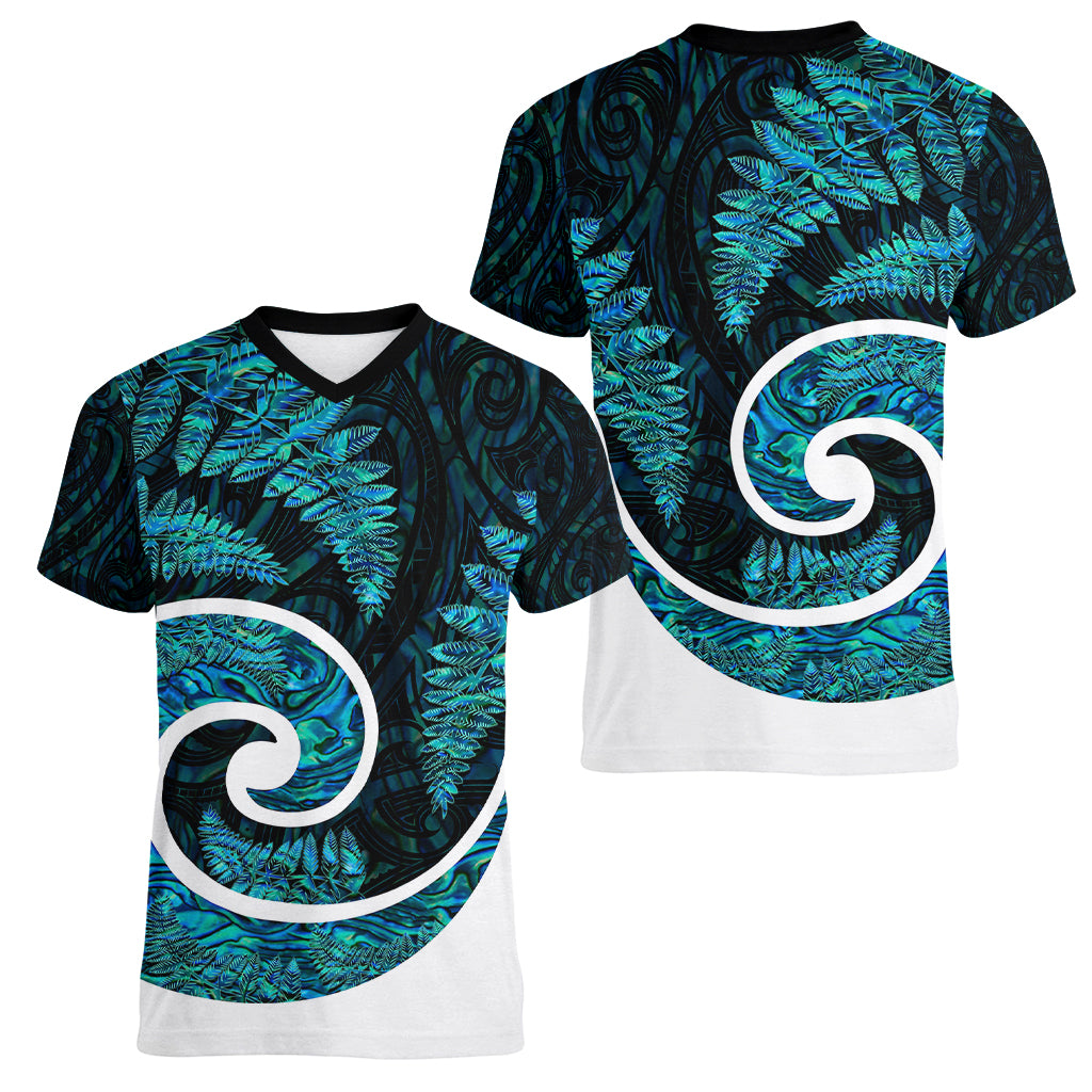 New Zealand Women V Neck T Shirt Maori With Silver Fern Papua Shell Green Ver.1 LT6 - Wonder Print Shop