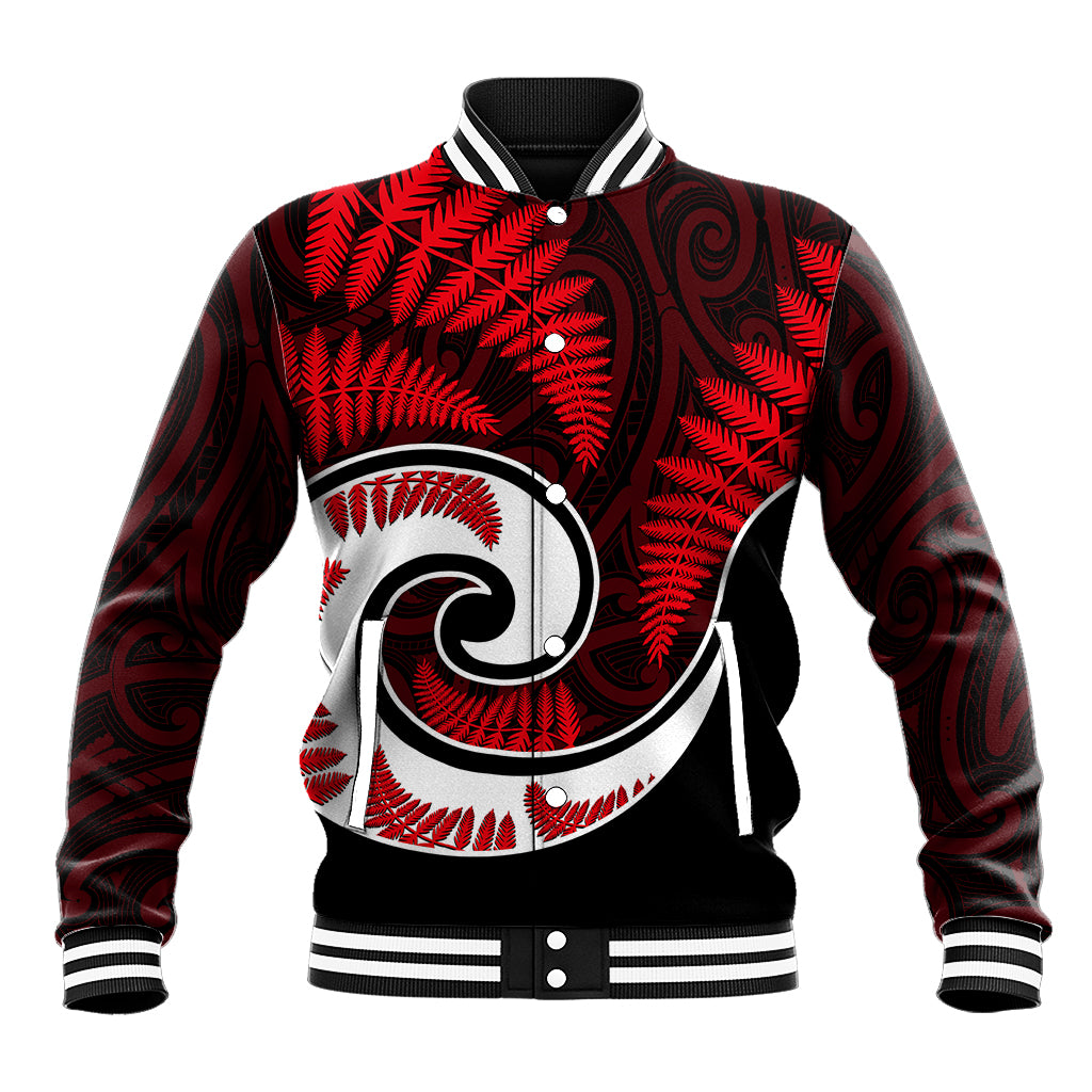 New Zealand Baseball Jacket Maori With Silver Fern Red LT6 - Wonder Print Shop