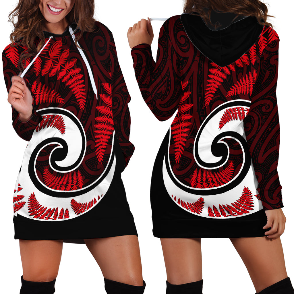 New Zealand Hoodie Dress Maori With Silver Fern Red LT6 - Wonder Print Shop