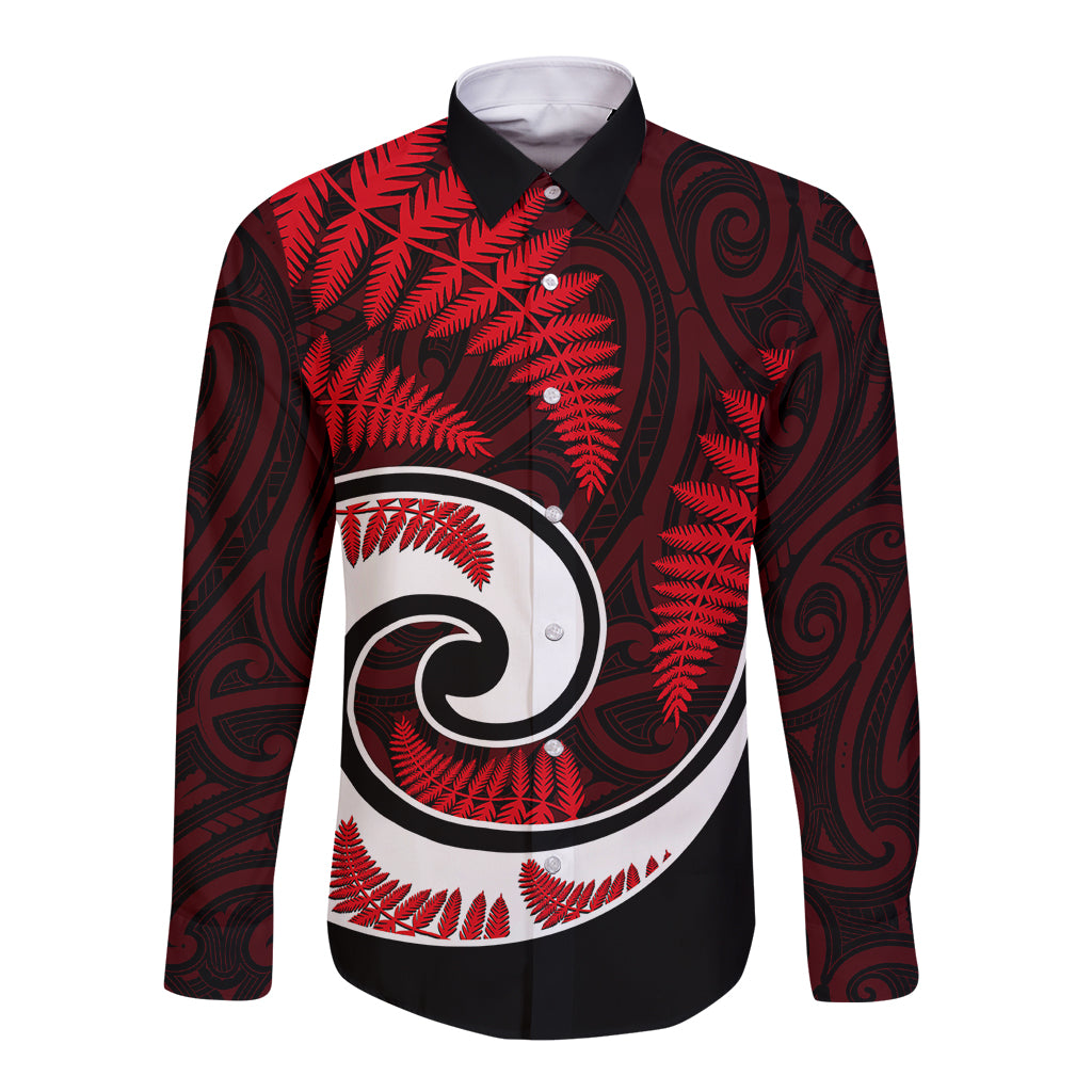New Zealand Long Sleeve Button Shirt Maori With Silver Fern Red LT6 - Wonder Print Shop