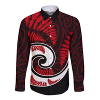 New Zealand Long Sleeve Button Shirt Maori With Silver Fern Red LT6 - Wonder Print Shop