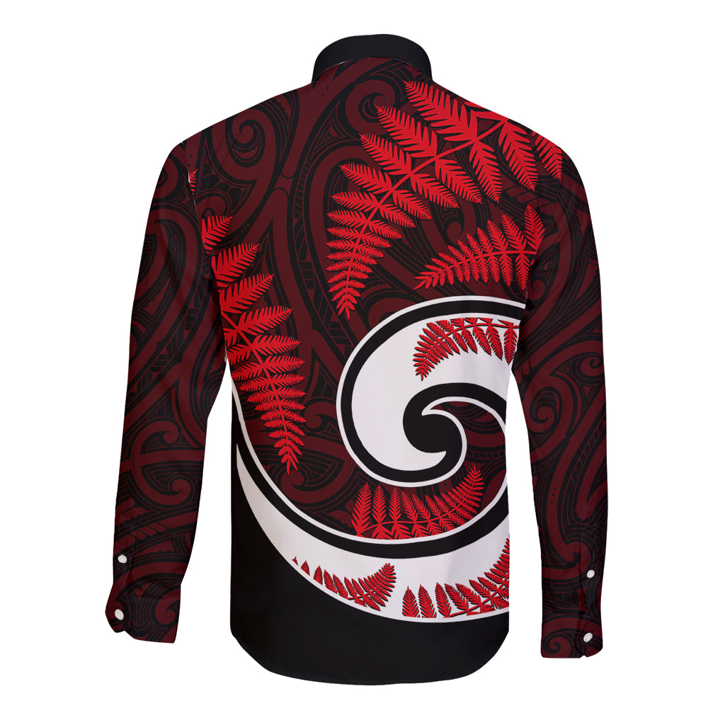 New Zealand Long Sleeve Button Shirt Maori With Silver Fern Red LT6 - Wonder Print Shop