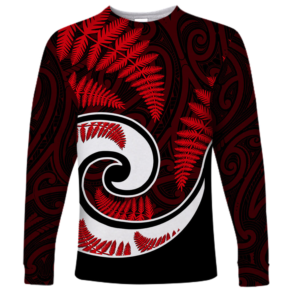 New Zealand Long Sleeve Shirt Maori With Silver Fern Red LT6 - Wonder Print Shop