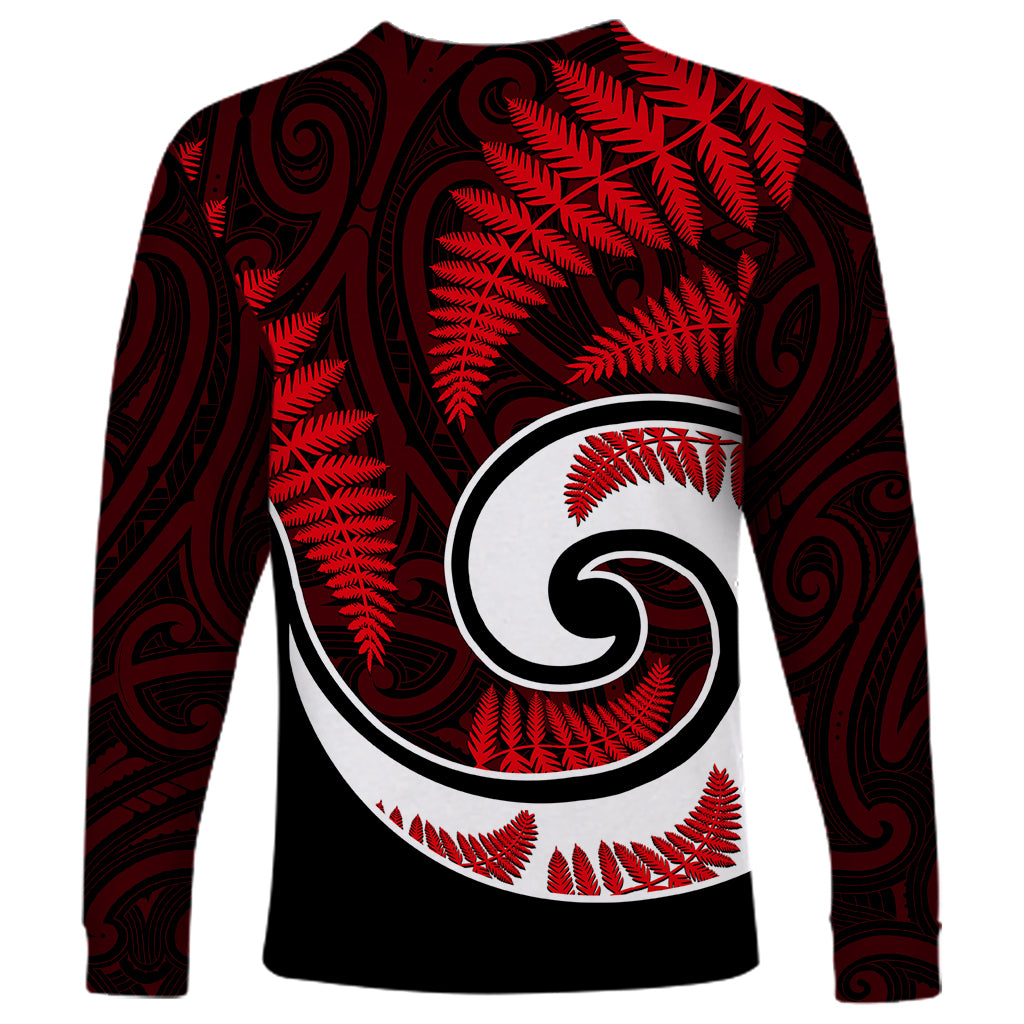 New Zealand Long Sleeve Shirt Maori With Silver Fern Red LT6 - Wonder Print Shop