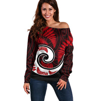 New Zealand Off Shoulder Sweater Maori With Silver Fern Red LT6 - Wonder Print Shop