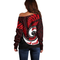 New Zealand Off Shoulder Sweater Maori With Silver Fern Red LT6 - Wonder Print Shop