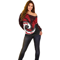 New Zealand Off Shoulder Sweater Maori With Silver Fern Red LT6 - Wonder Print Shop