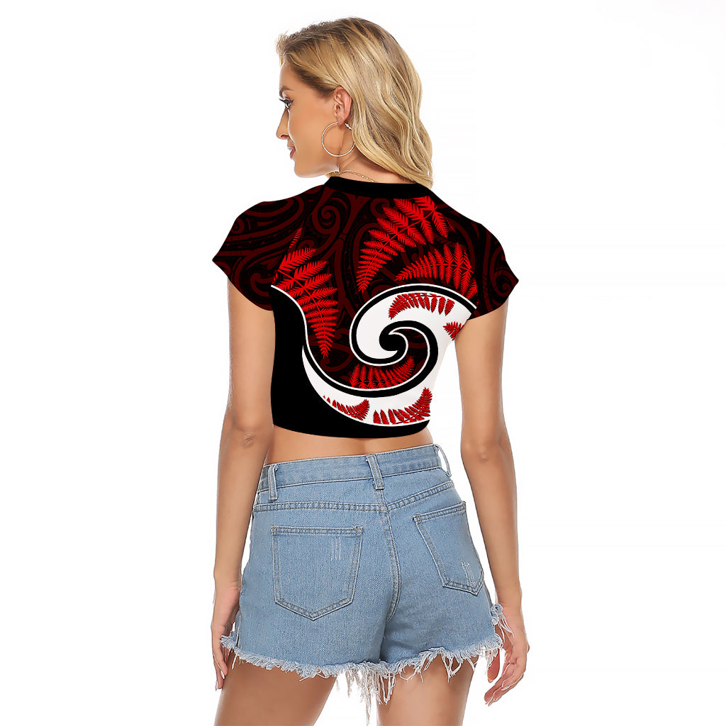 New Zealand Raglan Cropped T Shirt Maori With Silver Fern Red LT6 - Wonder Print Shop