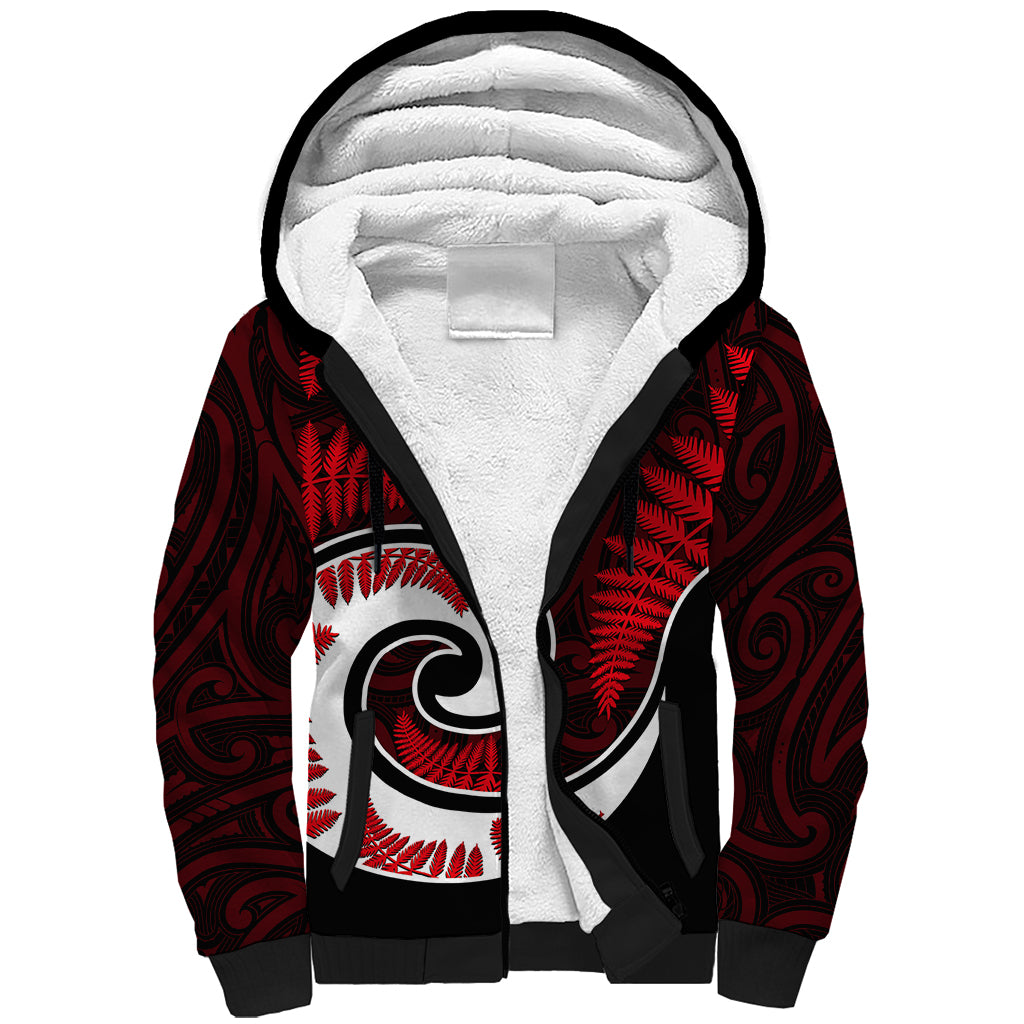 New Zealand Sherpa Hoodie Maori With Silver Fern Red LT6 - Wonder Print Shop