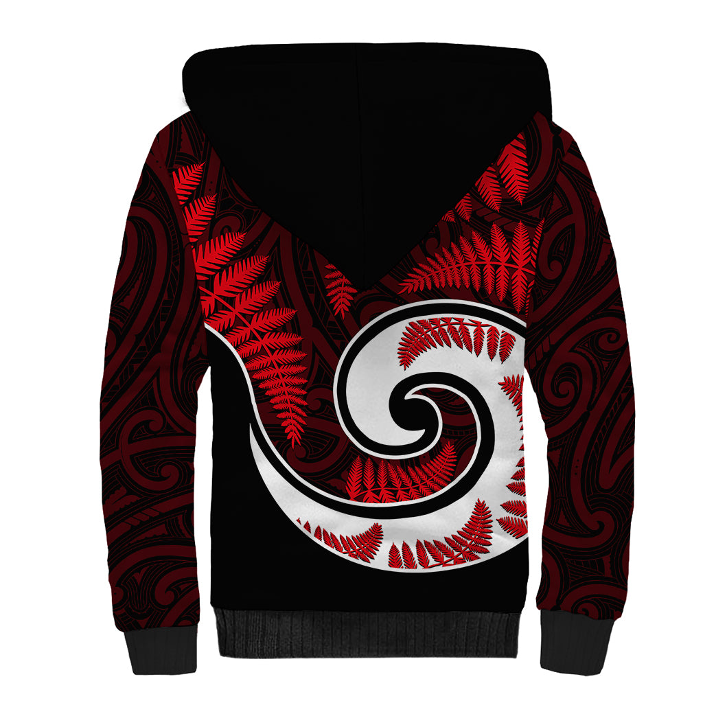 New Zealand Sherpa Hoodie Maori With Silver Fern Red LT6 - Wonder Print Shop