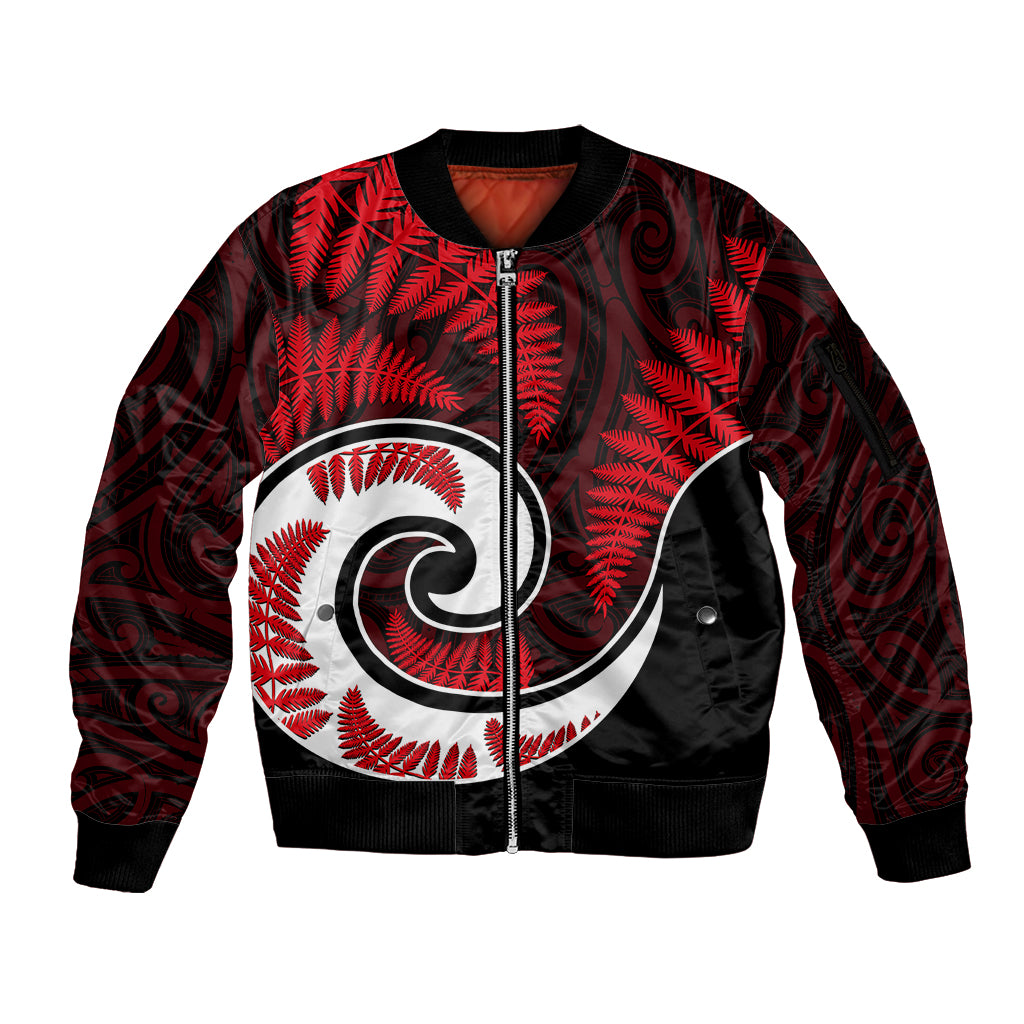 New Zealand Sleeve Zip Bomber Jacket Maori With Silver Fern Red LT6 - Wonder Print Shop