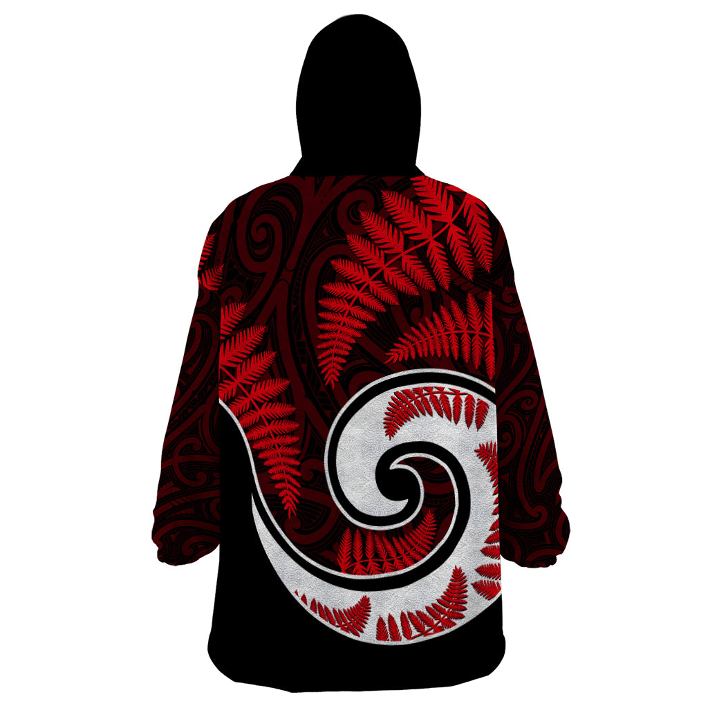 New Zealand Wearable Blanket Hoodie Maori With Silver Fern Red LT6 - Wonder Print Shop