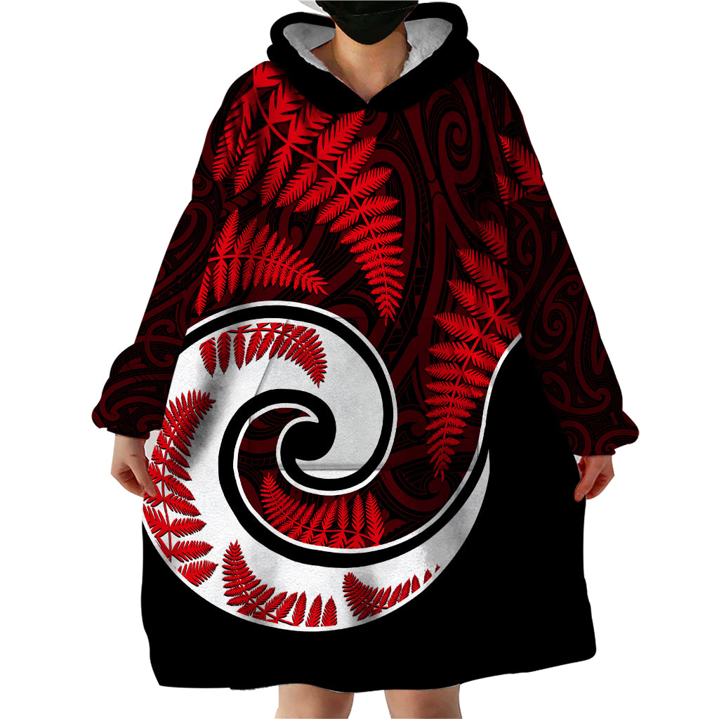 New Zealand Wearable Blanket Hoodie Maori With Silver Fern Red LT6 - Wonder Print Shop