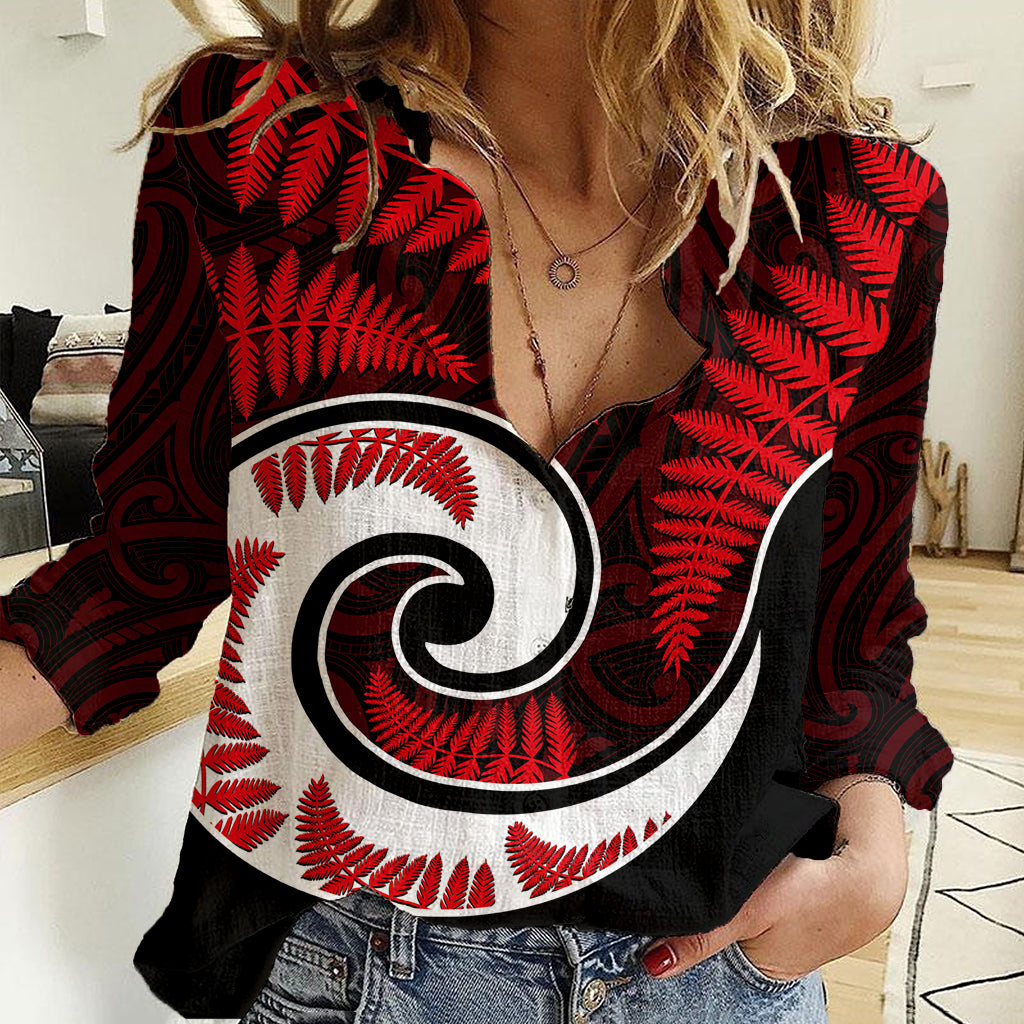 New Zealand Women Casual Shirt Maori With Silver Fern Red LT6 - Wonder Print Shop