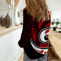 New Zealand Women Casual Shirt Maori With Silver Fern Red LT6 - Wonder Print Shop