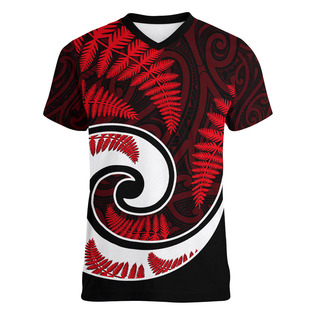 New Zealand Women V Neck T Shirt Maori With Silver Fern Red LT6 - Wonder Print Shop