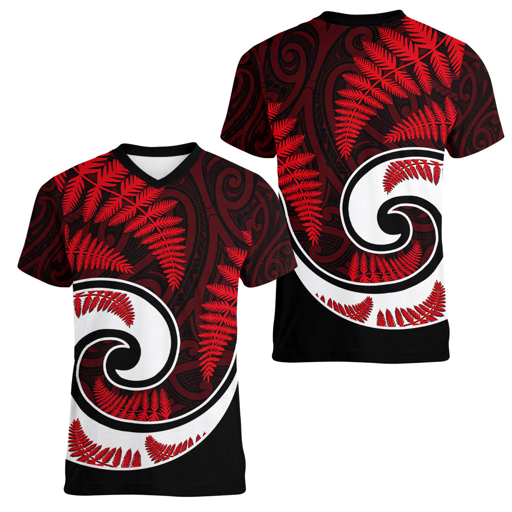 New Zealand Women V Neck T Shirt Maori With Silver Fern Red LT6 - Wonder Print Shop