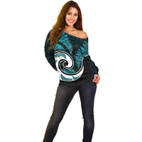 New Zealand Off Shoulder Sweater Maori With Silver Fern Papua Shell Green Ver.2 LT6 - Wonder Print Shop