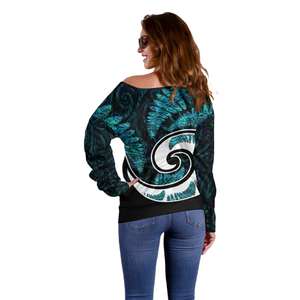 New Zealand Off Shoulder Sweater Maori With Silver Fern Papua Shell Green Ver.2 LT6 - Wonder Print Shop
