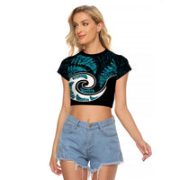 New Zealand Raglan Cropped T Shirt Maori With Silver Fern Papua Shell Green Ver.2 LT6 - Wonder Print Shop