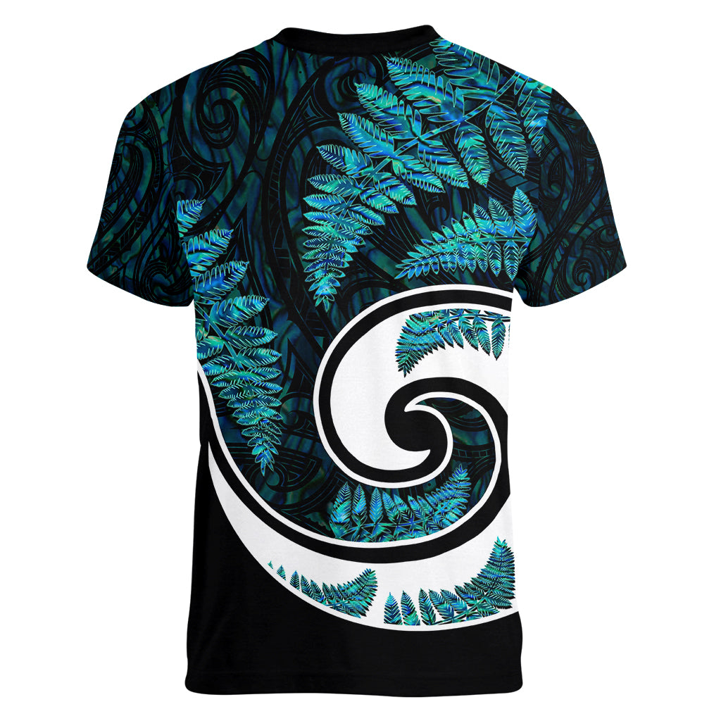 New Zealand Women V Neck T Shirt Maori With Silver Fern Papua Shell Green Ver.2 LT6 - Wonder Print Shop