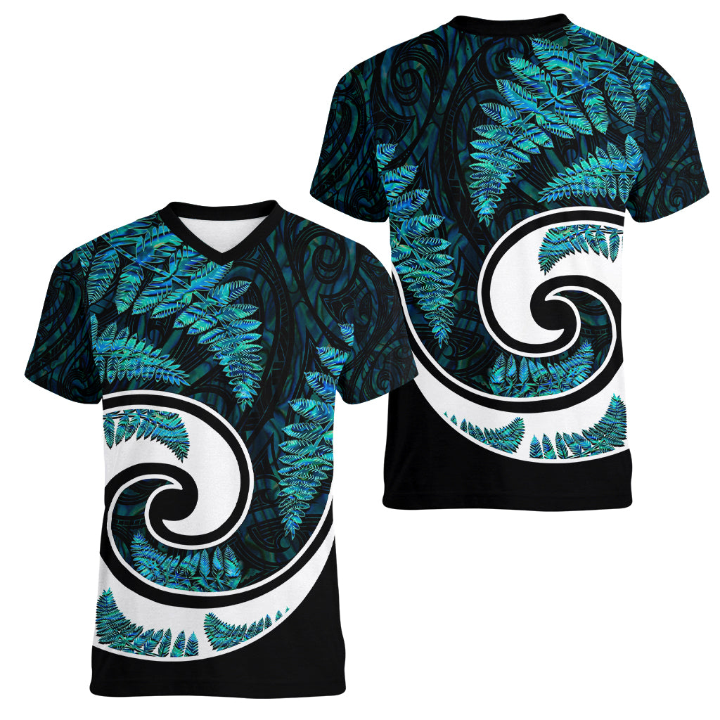 New Zealand Women V Neck T Shirt Maori With Silver Fern Papua Shell Green Ver.2 LT6 - Wonder Print Shop