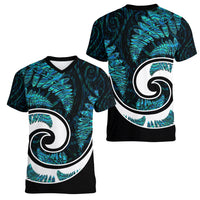 New Zealand Women V Neck T Shirt Maori With Silver Fern Papua Shell Green Ver.2 LT6 - Wonder Print Shop