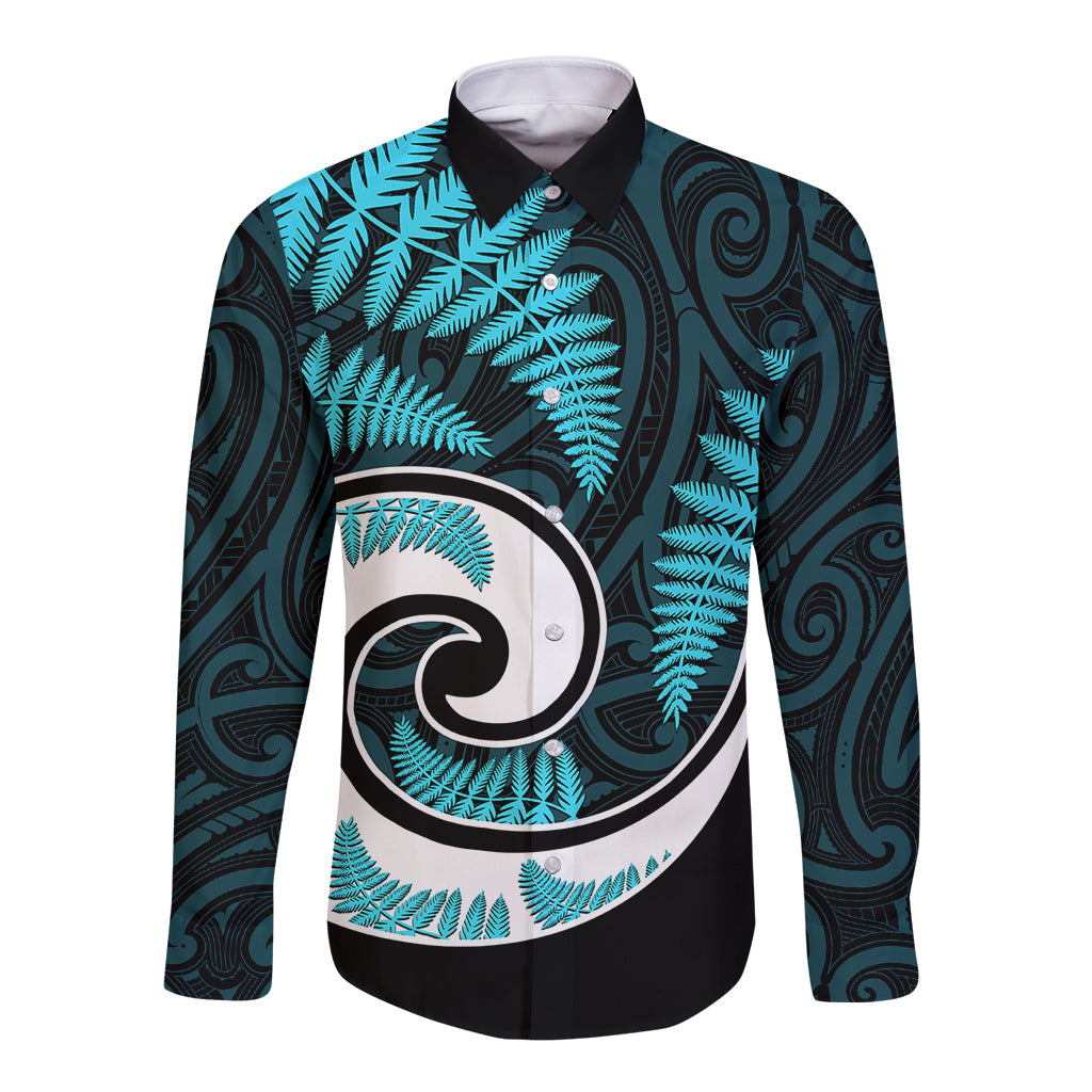 New Zealand Long Sleeve Button Shirt Maori With Silver Fern Light Blue LT6 - Wonder Print Shop