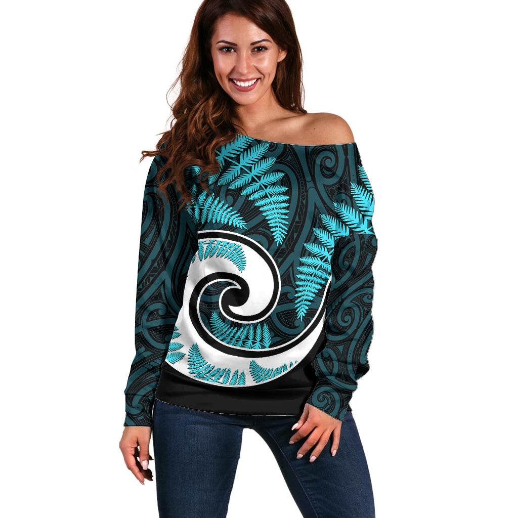 New Zealand Off Shoulder Sweater Maori With Silver Fern Light Blue LT6 - Wonder Print Shop
