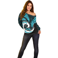 New Zealand Off Shoulder Sweater Maori With Silver Fern Light Blue LT6 - Wonder Print Shop