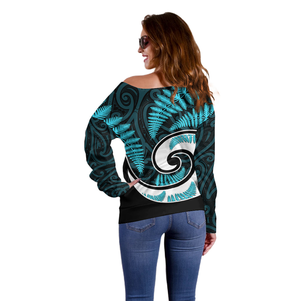 New Zealand Off Shoulder Sweater Maori With Silver Fern Light Blue LT6 - Wonder Print Shop