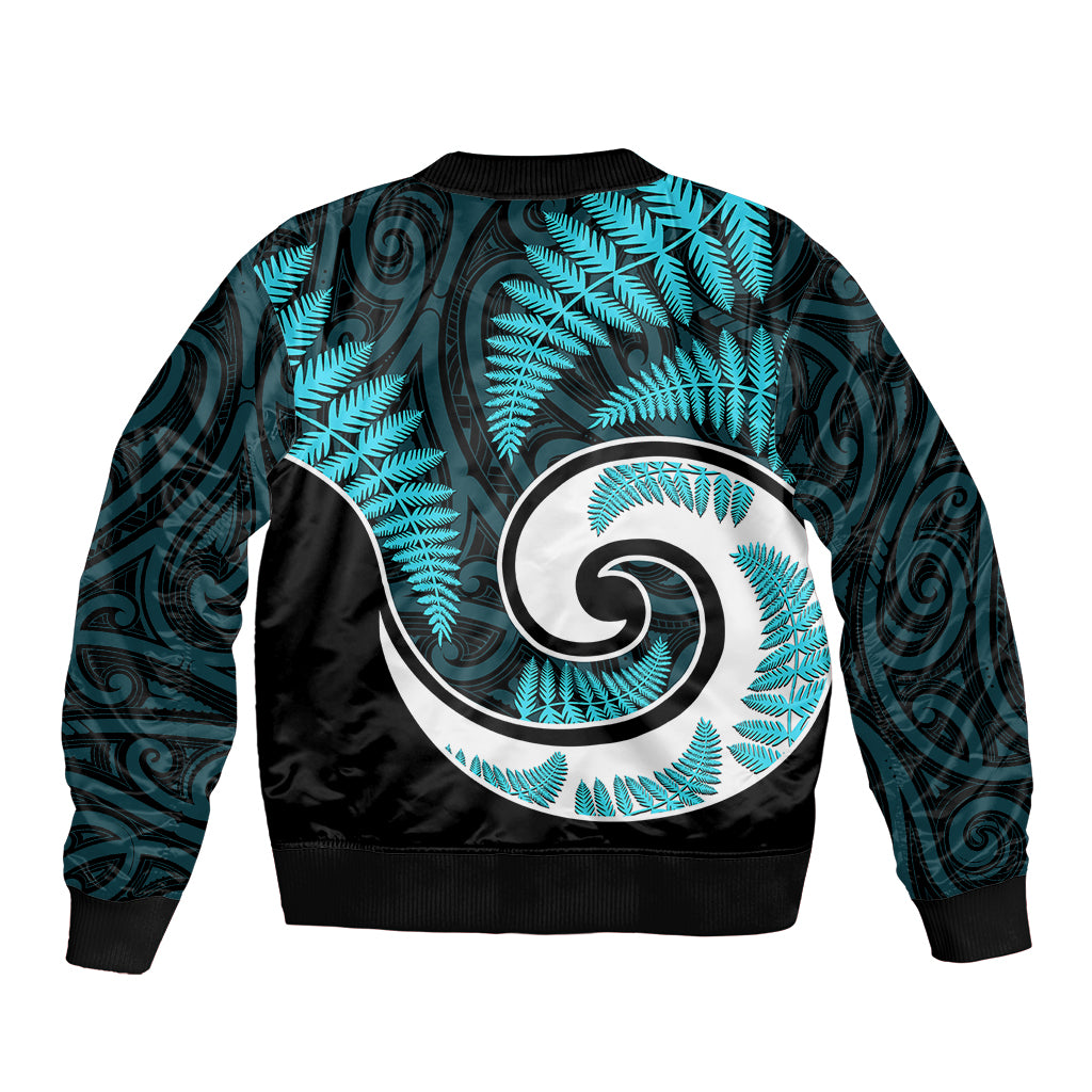 New Zealand Sleeve Zip Bomber Jacket Maori With Silver Fern Light Blue LT6 - Wonder Print Shop