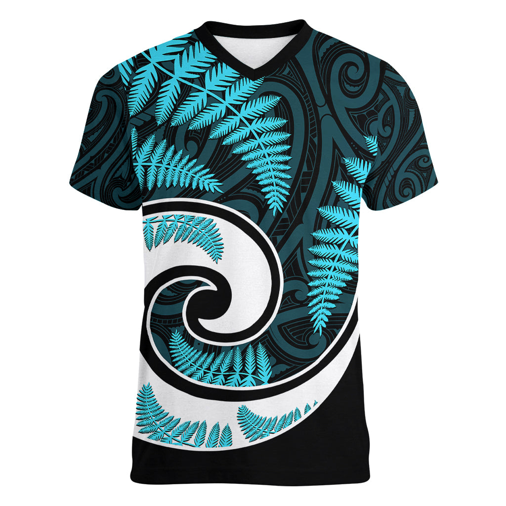 New Zealand Women V Neck T Shirt Maori With Silver Fern Light Blue LT6 - Wonder Print Shop