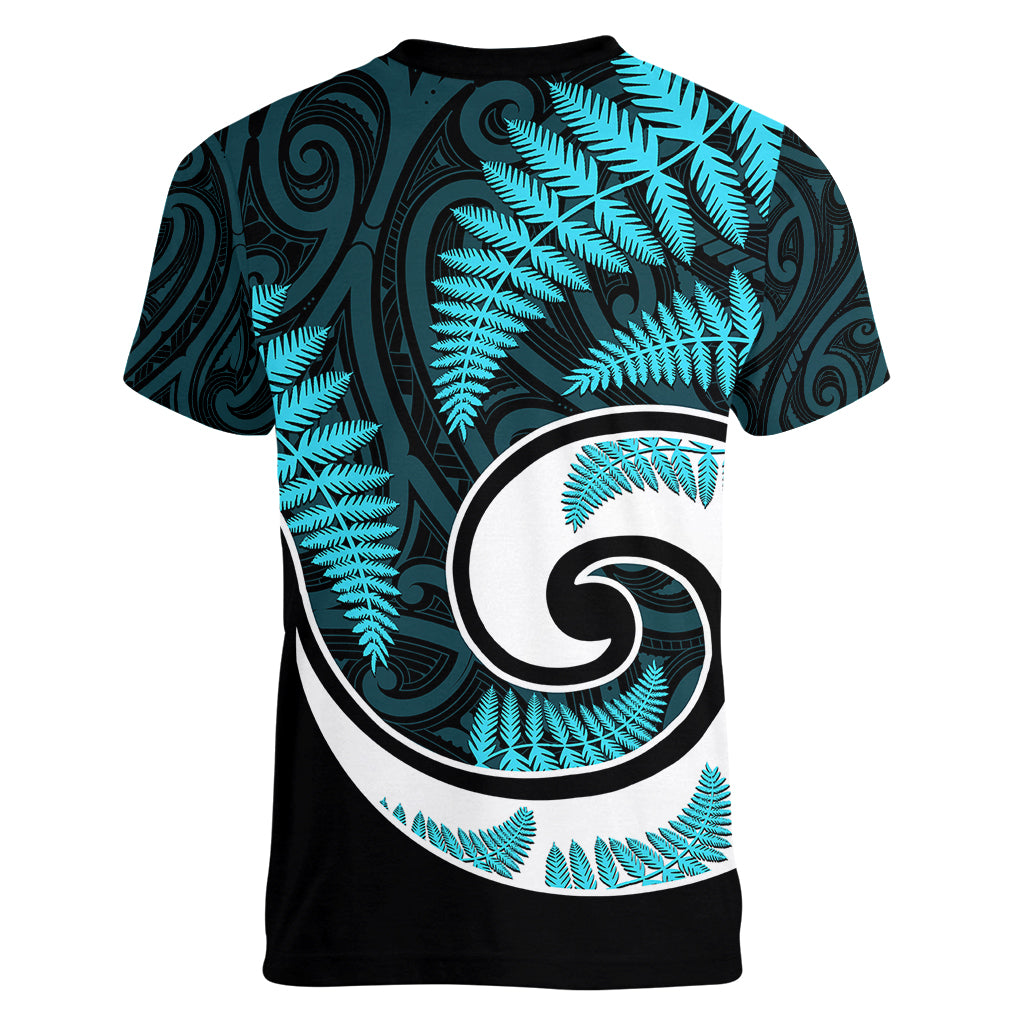 New Zealand Women V Neck T Shirt Maori With Silver Fern Light Blue LT6 - Wonder Print Shop