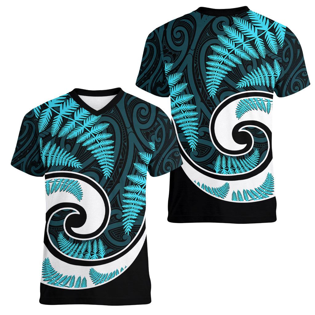 New Zealand Women V Neck T Shirt Maori With Silver Fern Light Blue LT6 - Wonder Print Shop