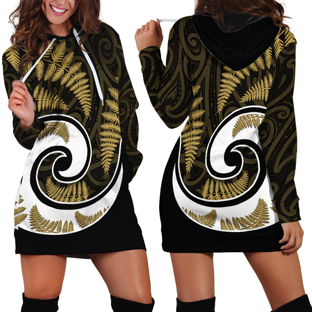 New Zealand Hoodie Dress Maori With Silver Fern Gold LT6 - Wonder Print Shop