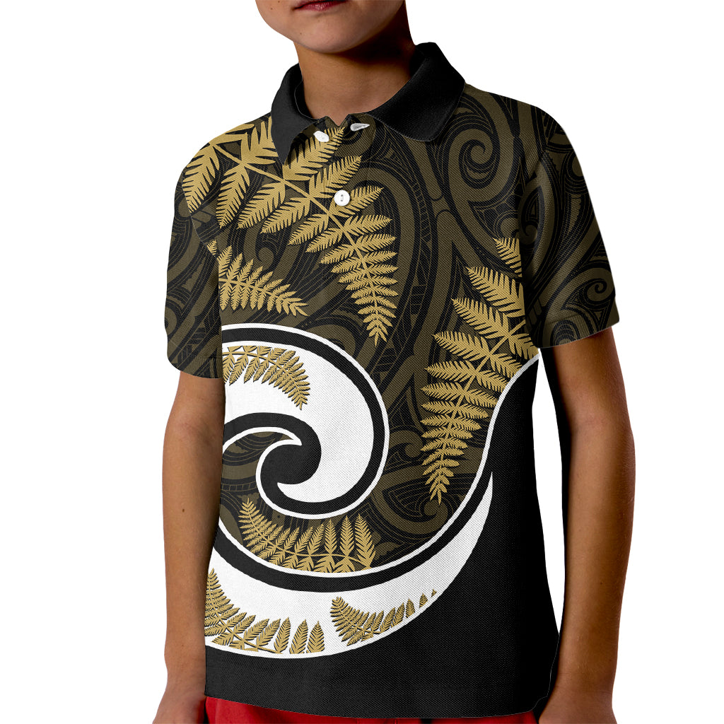 New Zealand Kid Polo Shirt Maori With Silver Fern Gold LT6 - Wonder Print Shop