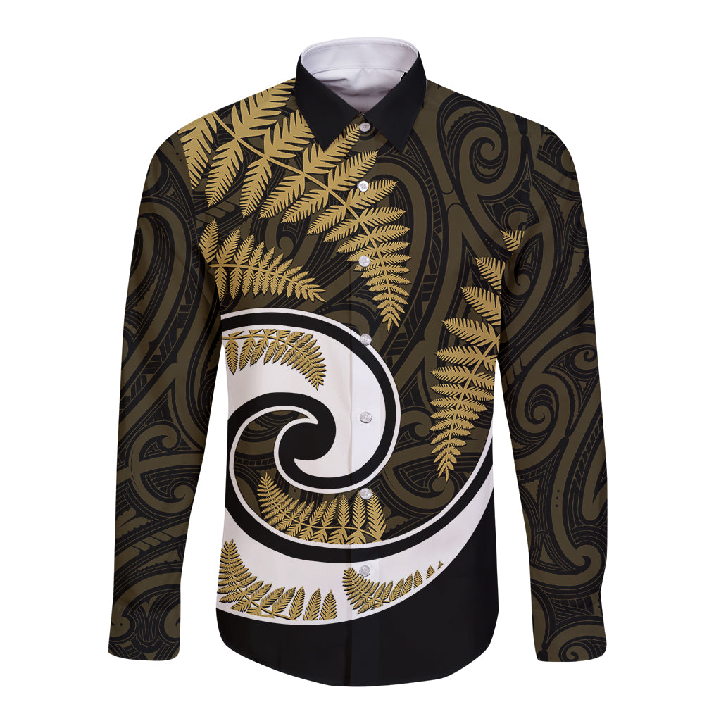New Zealand Long Sleeve Button Shirt Maori With Silver Fern Gold LT6 - Wonder Print Shop